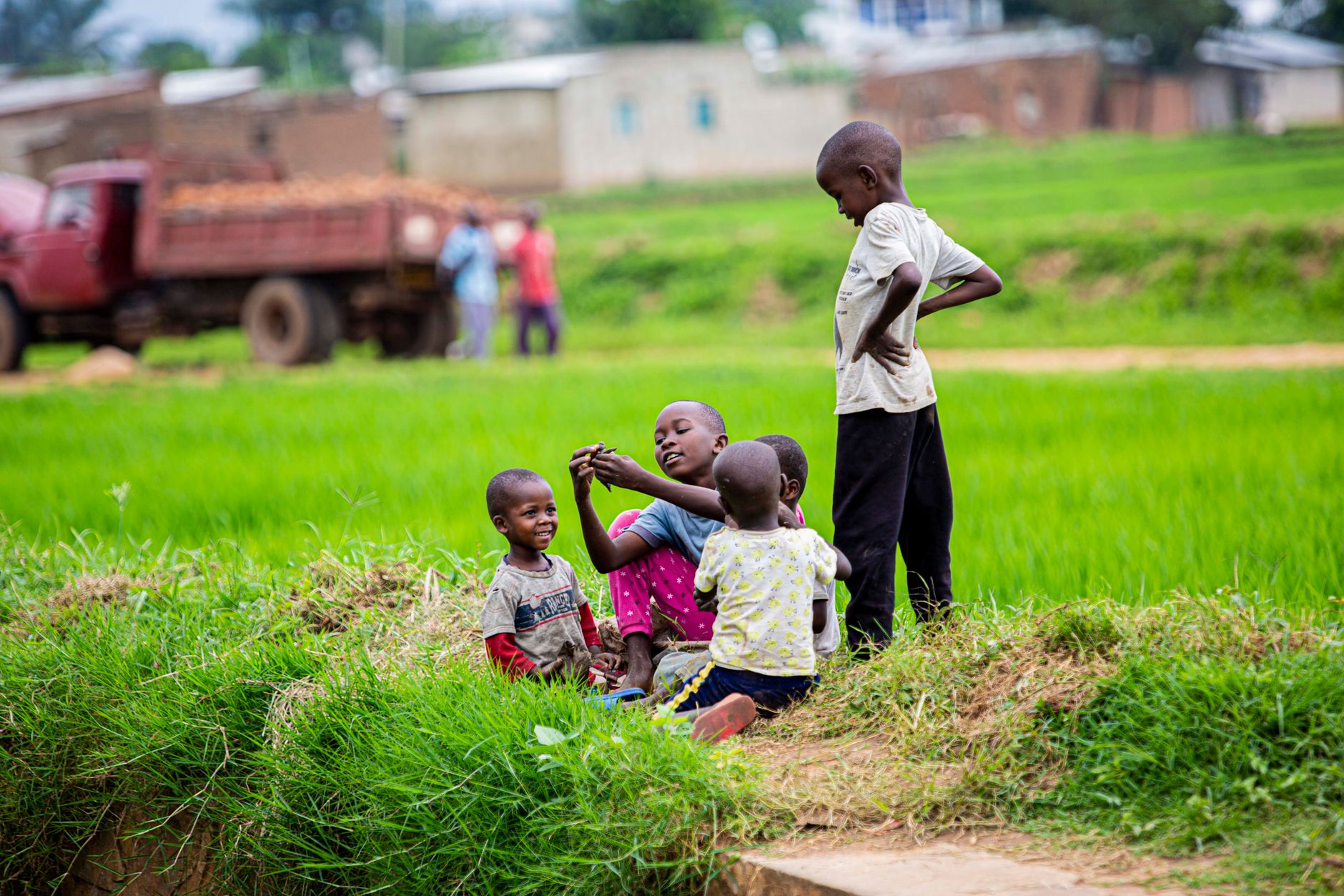 Young children playing in a vibrant green field on a sunny day, enjoying outdoor freedom and connection.